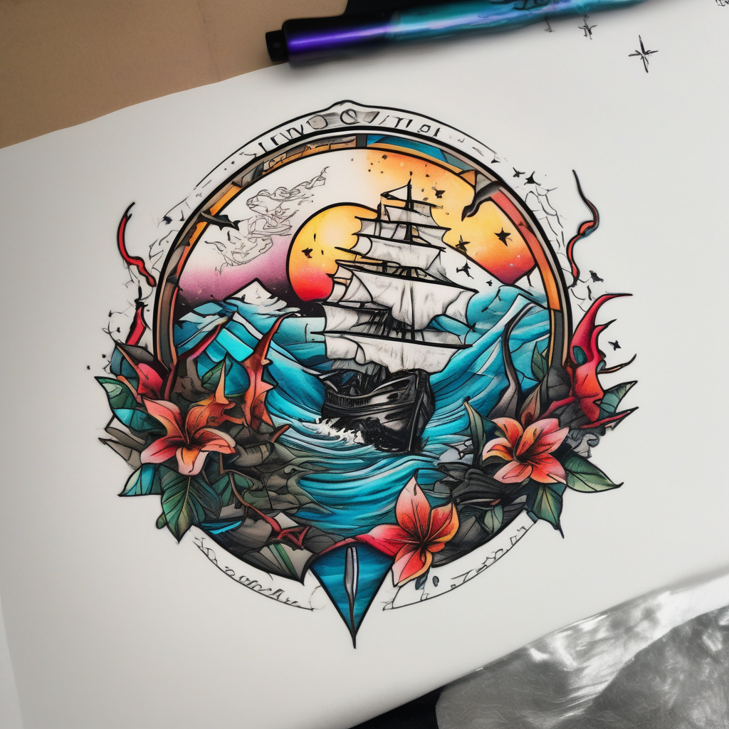 tattoo that has an acacia tree with mountains, ocean with a ship wreck with sharks and the bright northern star hello kitty tattoo, AI-generated Sketch tattoo design